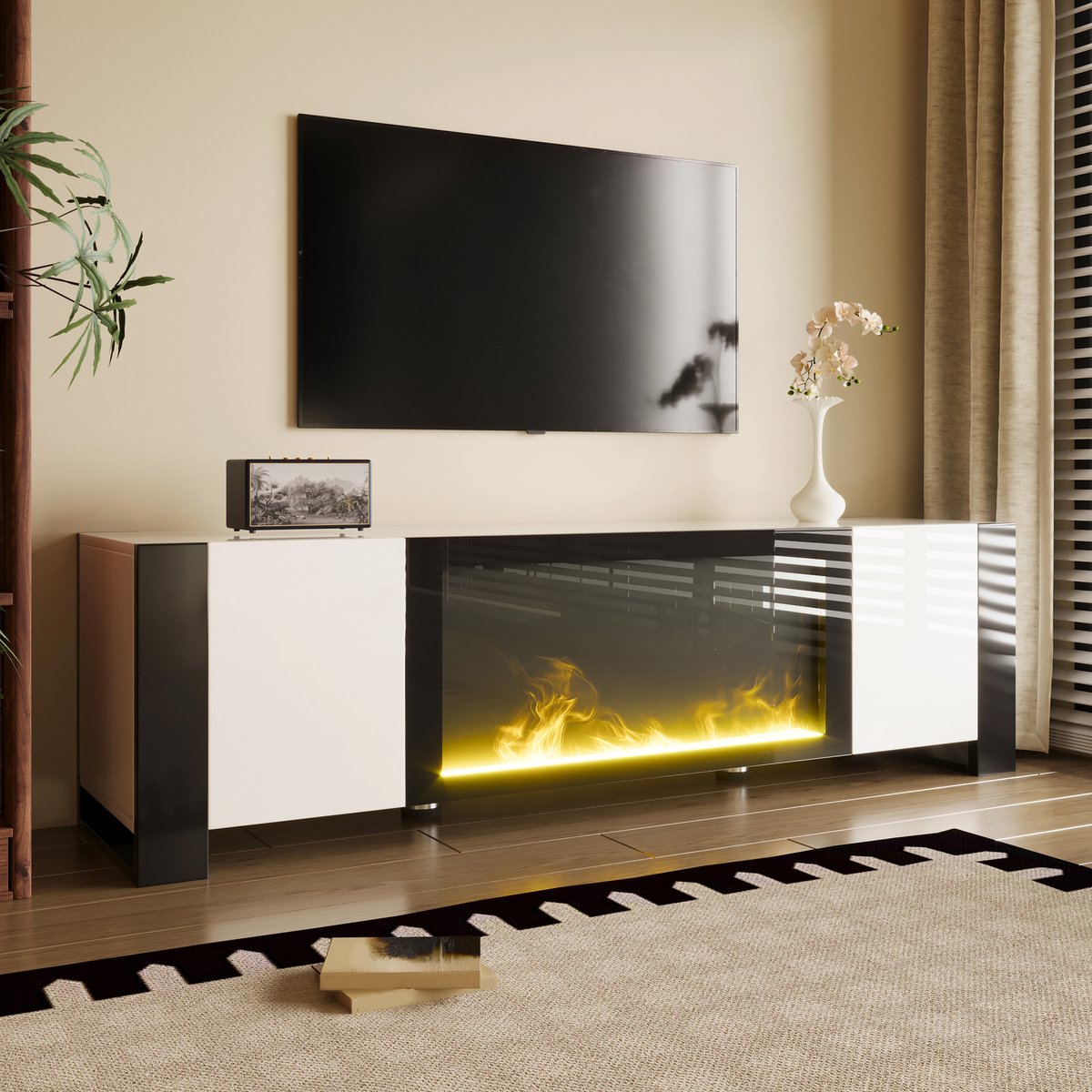 MUVANO Tv Meubel Met Elektrische Sfeerhaard - Hoogglans Wit En Zwart Tv Dressoir - Tv Kast - 165 cm - Realistisch Vlameffect - Woonkamer Wit Zwart
