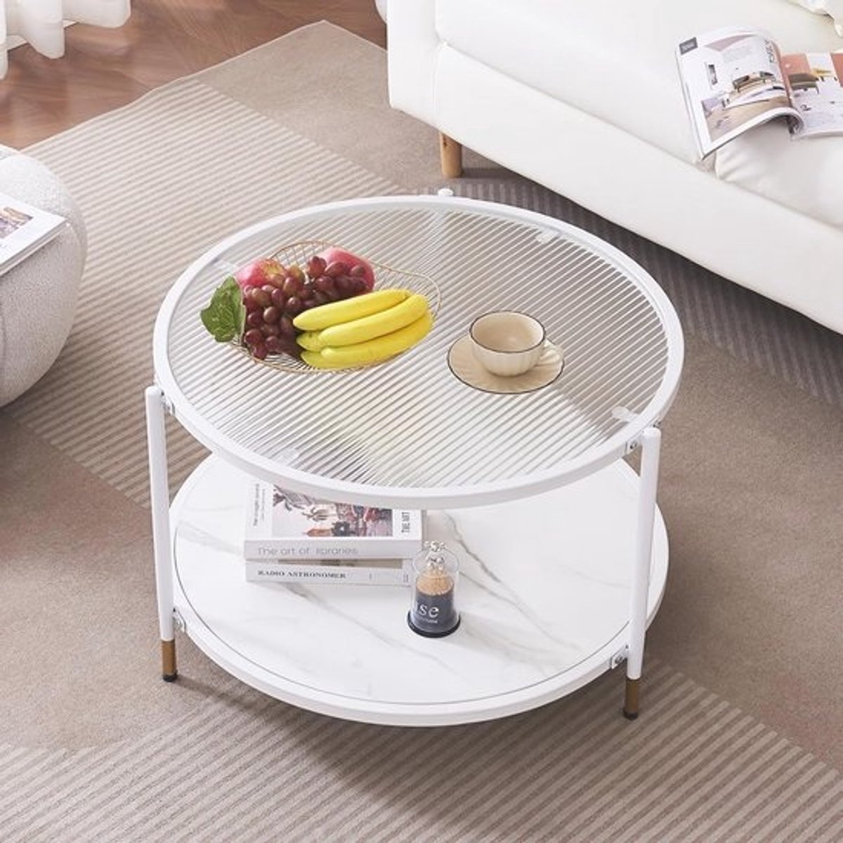 Ronde salontafel - Dubbel rond - Woonkamer inrichten - Met opbergruimte - 70 x 70 x 45 cm - Wit