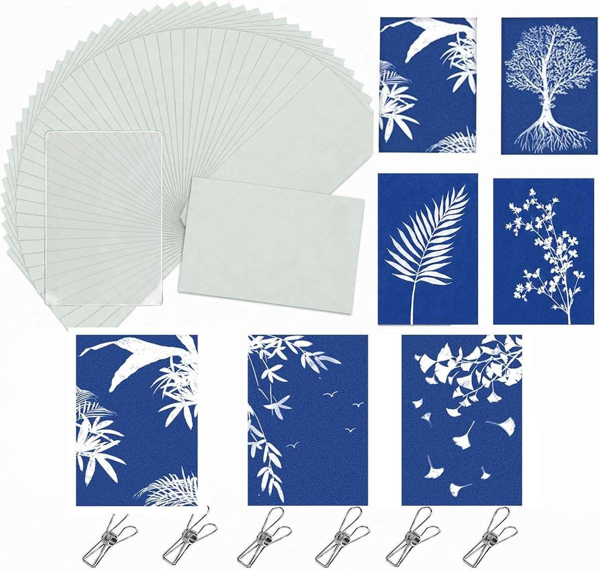 Kit met 32 stuks A4 cyanotype papier, 1 acrylpaneel en 4 clips, hooggevoelige zon kunstpapier, natuur printpapier, zonne-energie geactiveerde zon afdrukken kunst voor tiener volwassen kunst