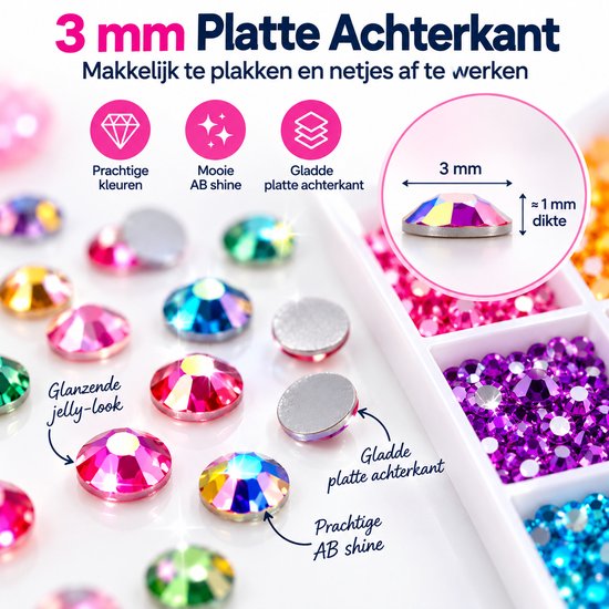 3mm platte achterkant strasssteentjes met prachtige AB-glans en jelly-look.