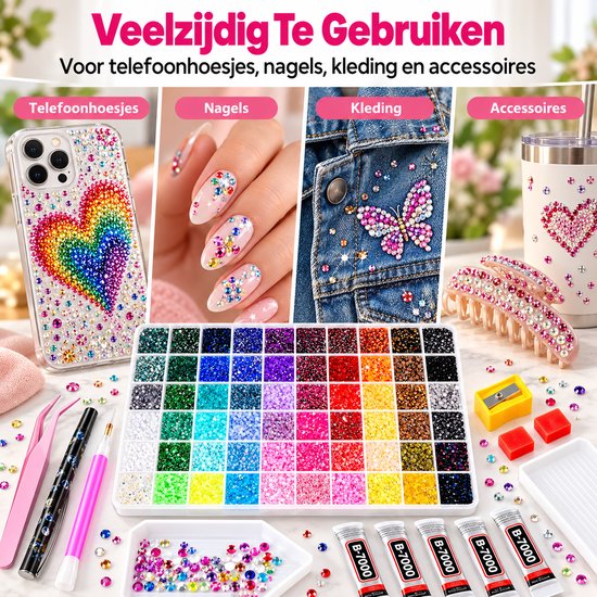 Veelzijdig te gebruiken strasssteentjes voor telefoonhoesjes, nagels, kleding en accessoires, met voorbeelden.