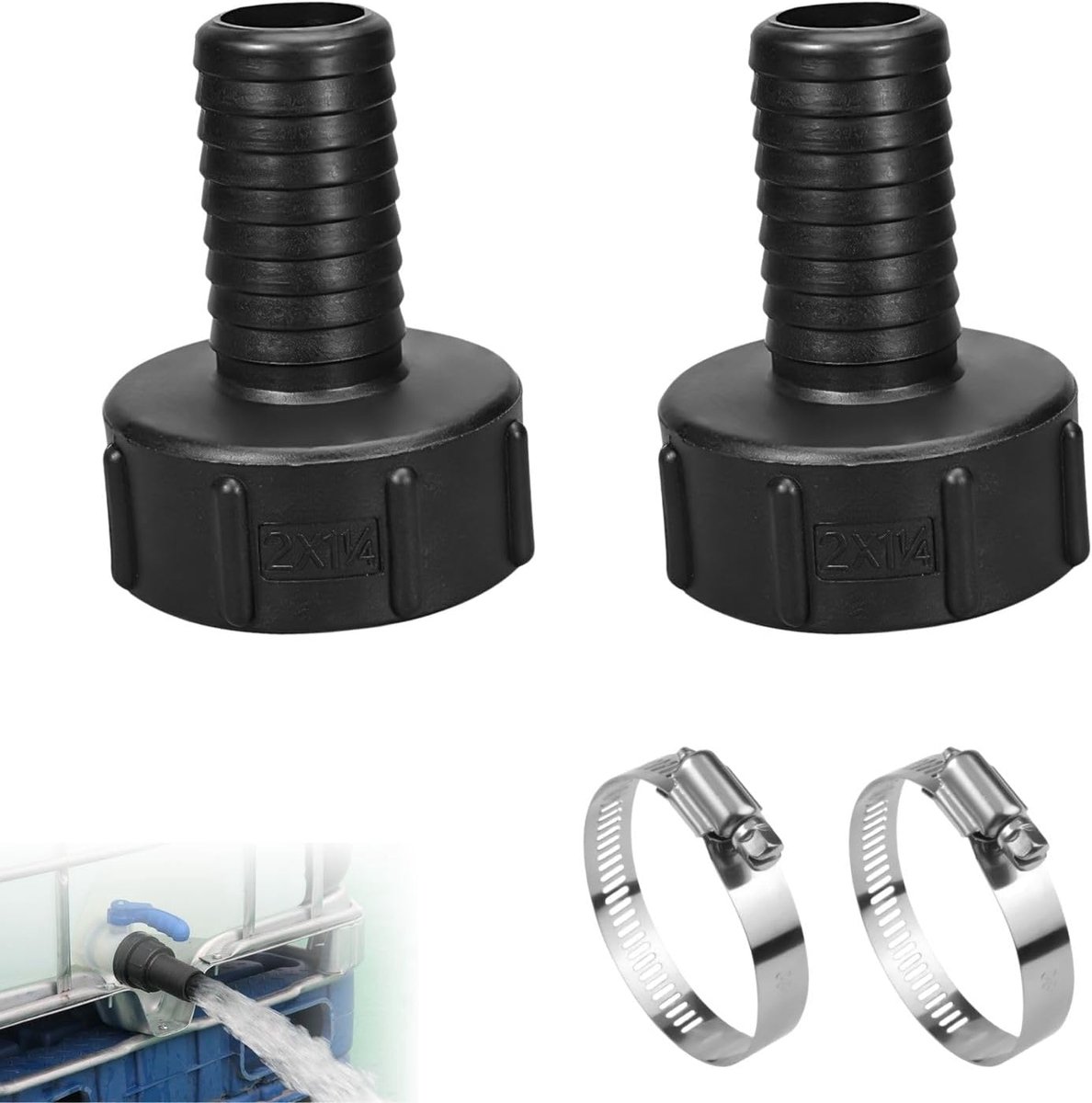 2 stuks IBC-adapter S60x6 op slangkoppeling, IBC-tank accessoires, grof schroefdraad 60 mm, binnenschroefdraad op koppeling 32 mm, tuinslangkraan adapter, PVC-afdichtingen roestvrijstalen klemmen