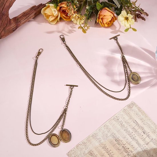 2 stuks zakhorloge kettingen messing enkele Albert ketting met medaillon hanger pak portemonnee kettingen T bar mannen zaklink antiek brons vintage Albert ketting met T-bar, lengte: 35,3 — afbeelding 3