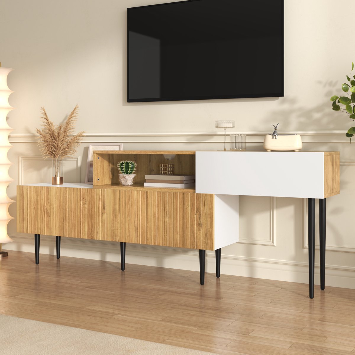 MUVANO Modulair Tv Meubel - Verstelbare Tv Kast - Tv Meubel Hout En Wit - Met 3 Klepdeuren - 120-240x30x63,5 cm - Kabeldoorvoer - Woonkamer Hout En Wit