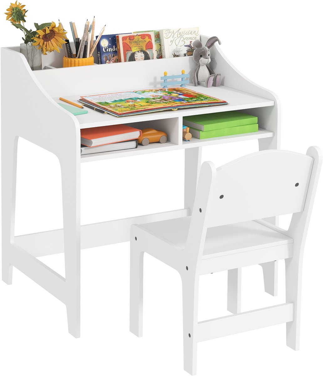 kinderbureau en stoelenset 60 x 48 x 68 cm met open vakken en 3 verticale opbergvakken - houten kinderset voor lezen - tekenen en knutselen