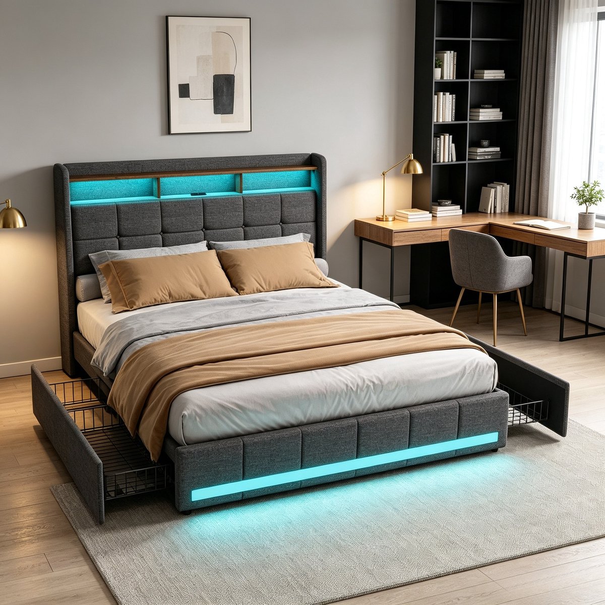 ROSAHQNDA Tweepersoonsbed 180x200 cm, gestoffeerd bed met LED-hoofdbord en 4 opberglades, modern design, linnen, grijs, zonder matras