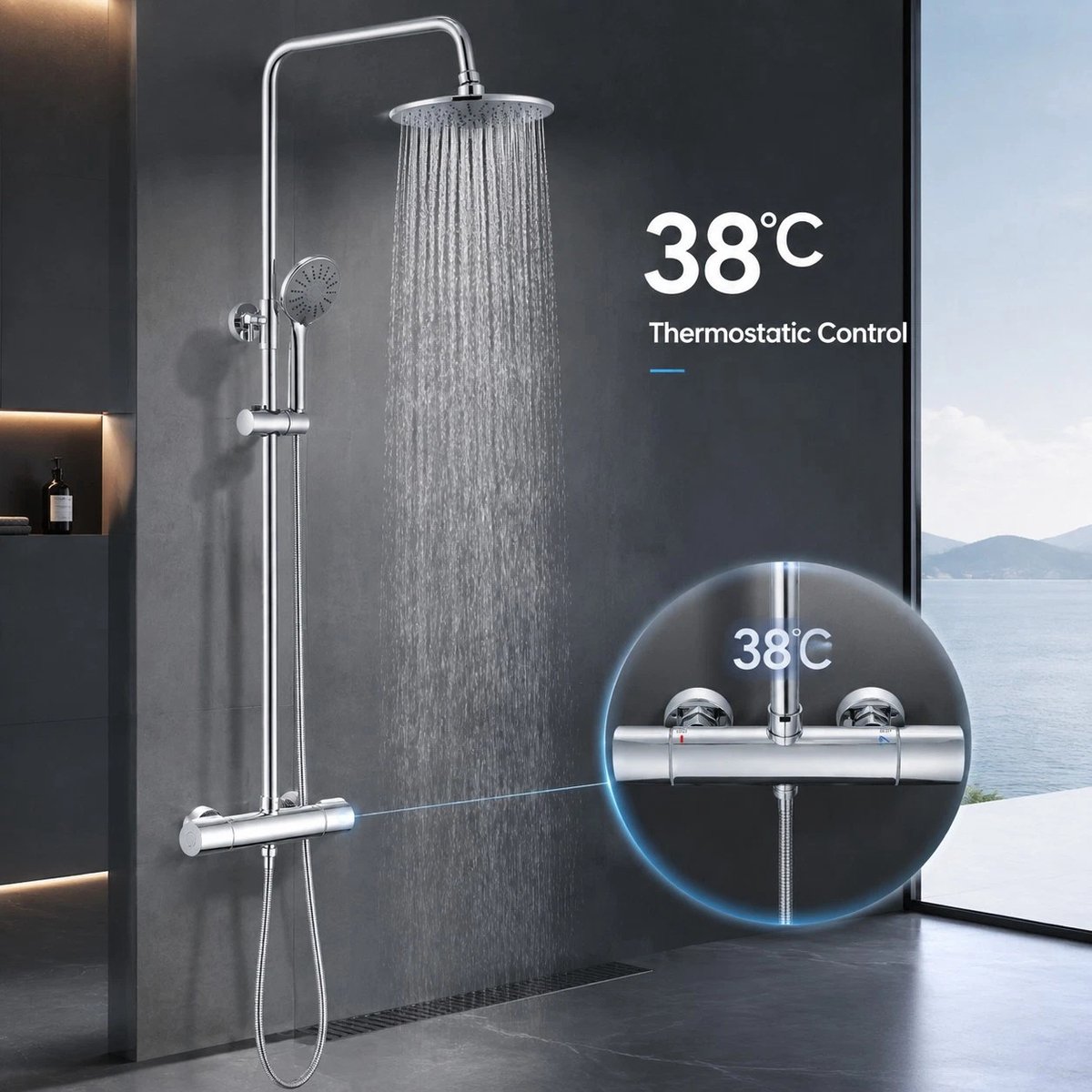 Sofetiy Max Regendouche met Thermostaatkraan - Doucheset - 9 inch Douchekop - Met 3 stralen Handdouche - Verstelbare Hoogte 84-120 cm - Rond Design - Regendoucheset - Waterbesparend - Chroom