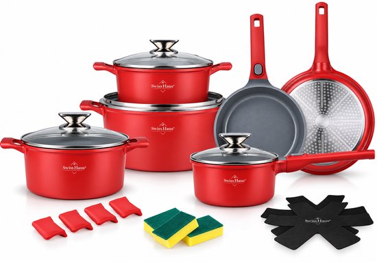 Swiss Haus® LG3019R Pannenset Inductie - 19 Delige Pannensets - PFAS Vrij - Set Met Koekenpannen, Kookpotten & Steelpan - Pannen met Afneembare Handgreep - Pan met Sapphire™ Antiaanbaklaag - Rood