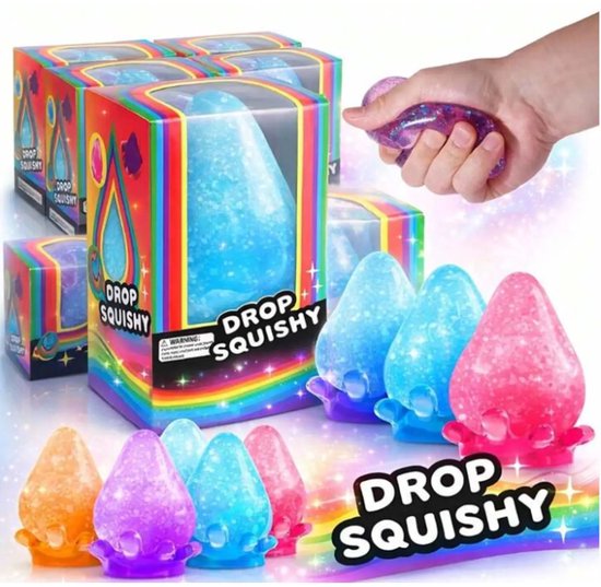 Vier druppelvormige squishy speelgoedjes met glitters in oranje, paars, blauw en roze. Verpakkingen op de achtergrond.