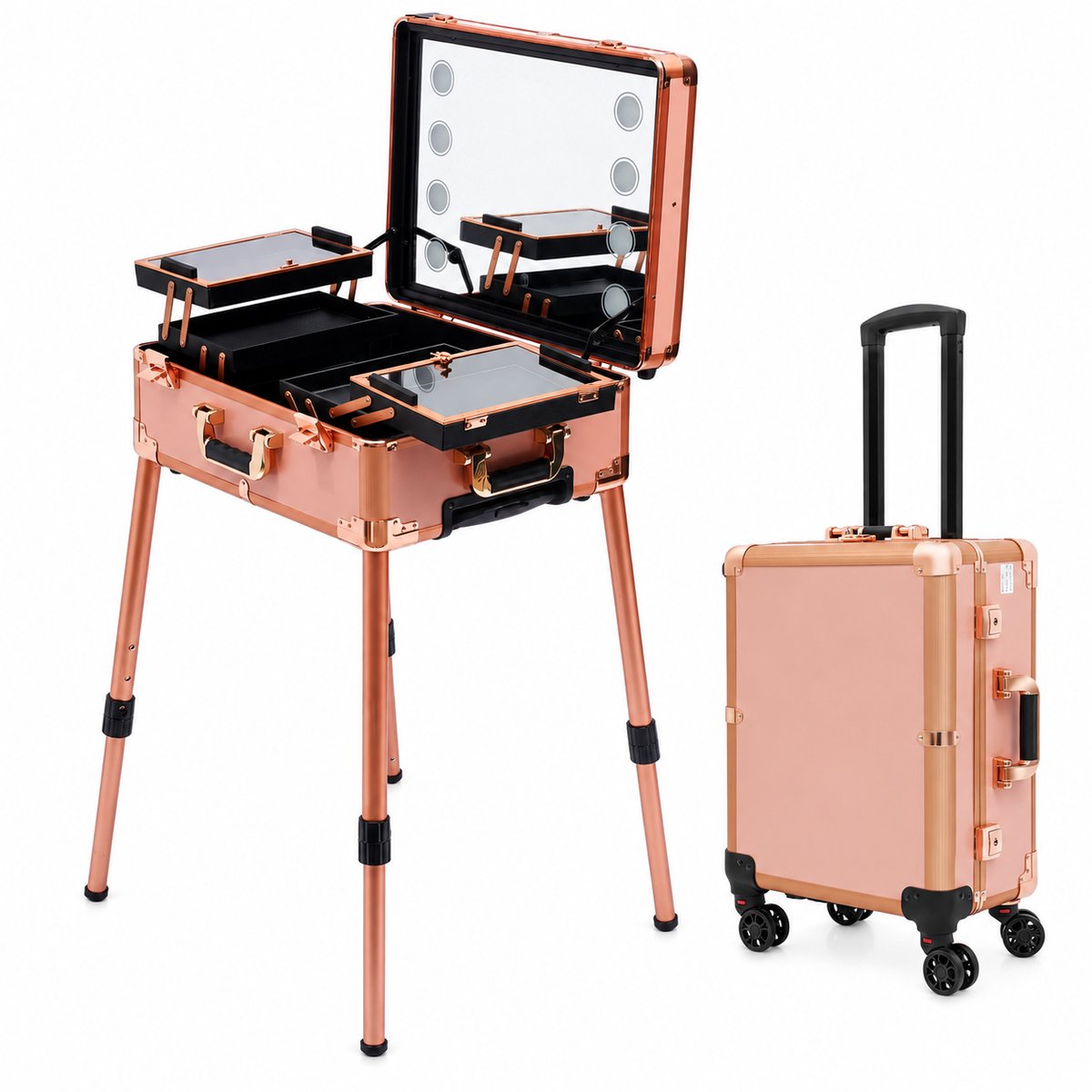 Veya Roze Make up koffer - Beautycase - Kapperskoffer - Complete mobiele make-up werkplek - 8 LED-lampen 5W - 3-laags - Tot 133cm