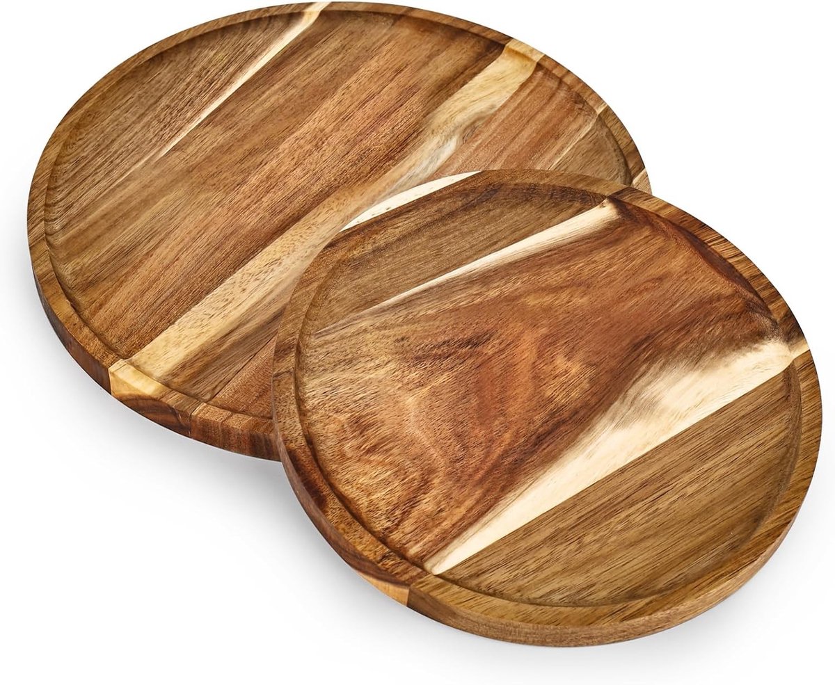 Ronde Houten Serviesplaten, Set van 2 Stuks, Acaciahout, Tafeldecoratie, Eet- en Drinkgerei, Perfect voor Feestjes en Diner