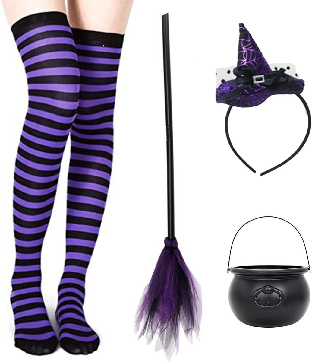 4-delige Halloween kostuumaccessoires set met heksenbuidel, hoed, haarband en gestreepte tights voor feestdecoratie en masquerade