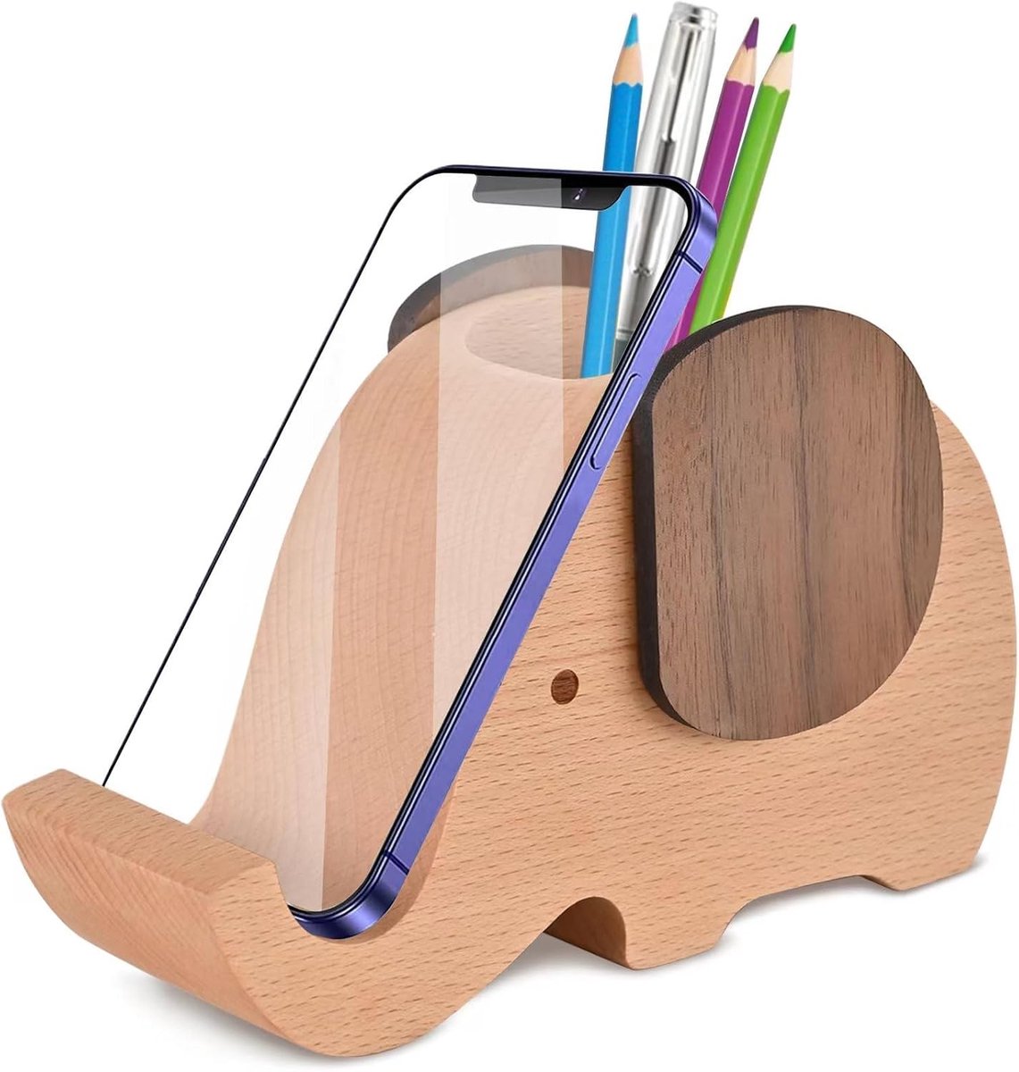 Houten Olifant Potloodhouder en Telefoonhouder - Desk Organizer voor Kantoor en Thuisgebruik