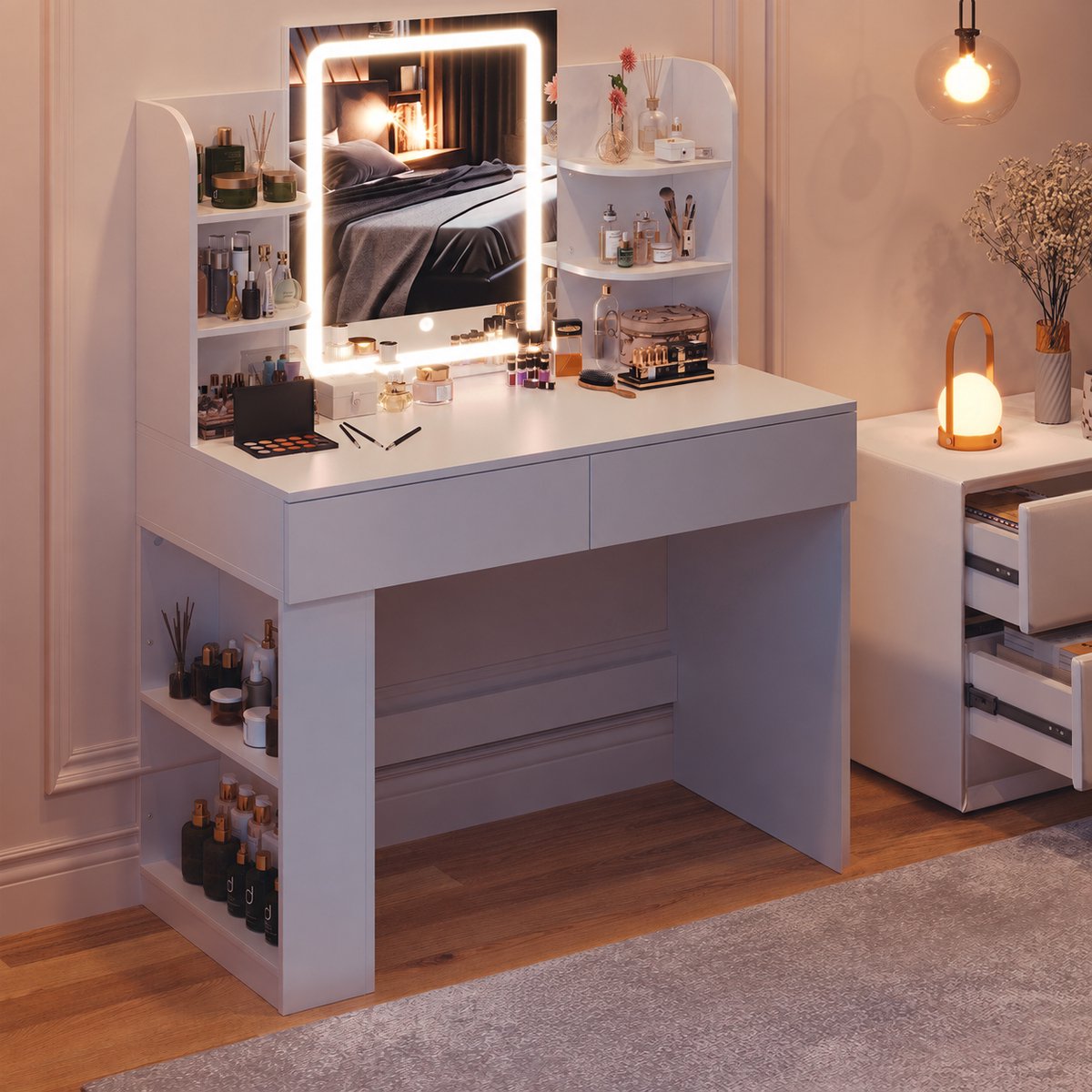 Devoko Kaptafel met LED-spiegel en 3 Lichtkleuren – Make-uptafel met Verborgen Sieradenopberging en Kruk – 90 × 40 × 135 cm – Wit