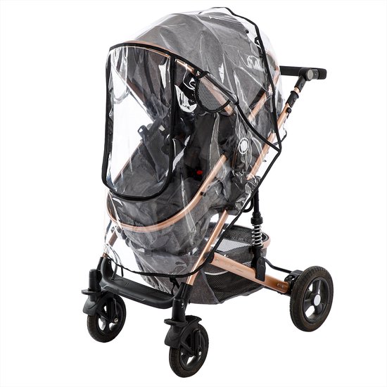 Grijze kinderwagen met transparante regenhoes, gouden frame.
