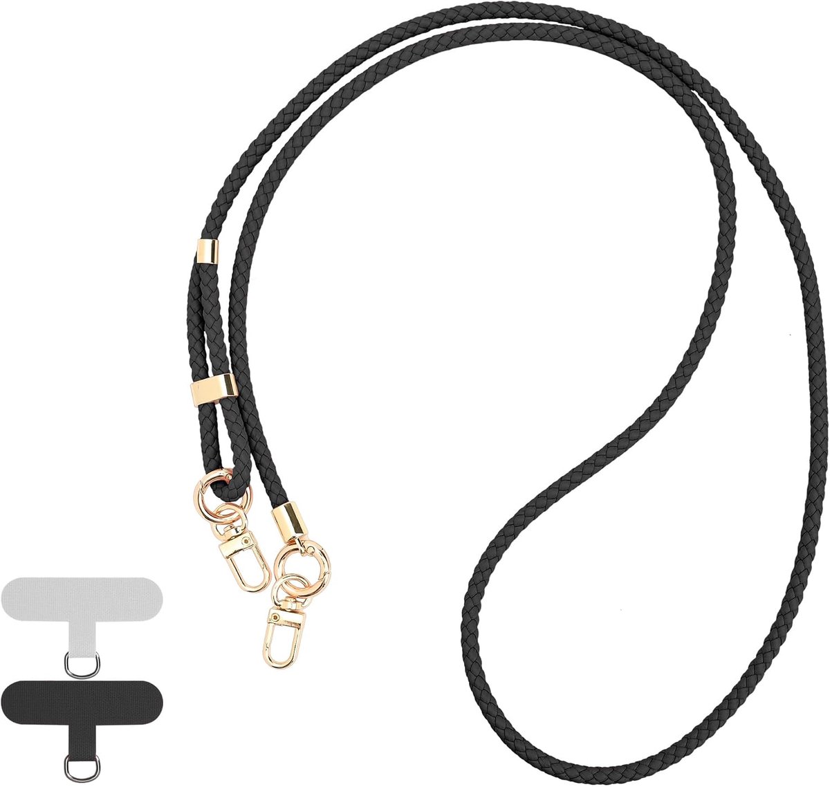 telefoonketting, universeel, om te hangen, met 2 patches, verstelbaar gevlochten leren telefoonkoord, compatibel met de meeste smartphones, zwart