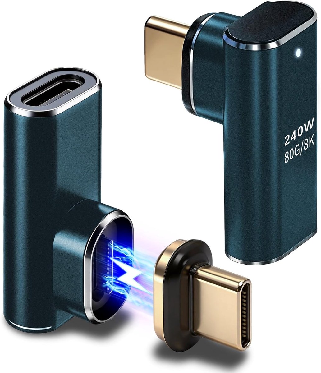 USB C Magneetadapter 240 W - 2 stuks 80 Gbps 8K USB-C magnetische adapter 24 pins - type C 90 graden magnetische stekker snel opladen en gegevensoverdracht voor laptop, tablet, mobiele