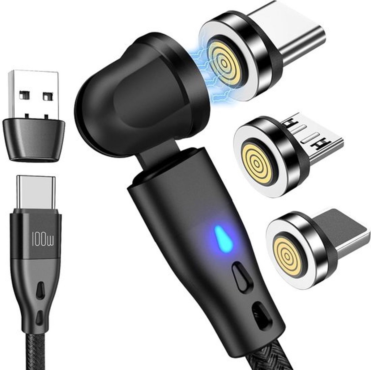 100W PD Magnetische Oplaadkabel 6-in-1 USB C, Micro USB & Lightning met 540° Draaifunctie