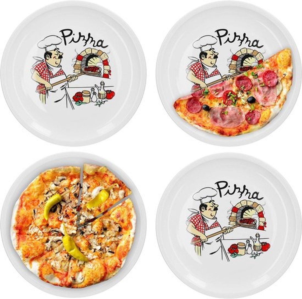 Set van 4 Italiaanse Pizzaborden - XL Porselein, Magnetronbestendig, Vaatwasmachinebestendig, Stapelbaar - Perfect voor Pizza en Pasta