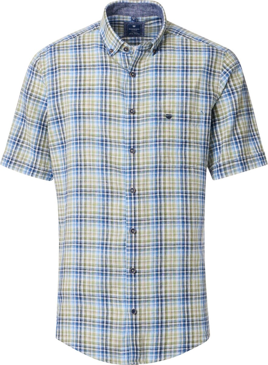 Redmond comfort fit overhemd - korte mouw - structuur - blauw - groen - wit geruit