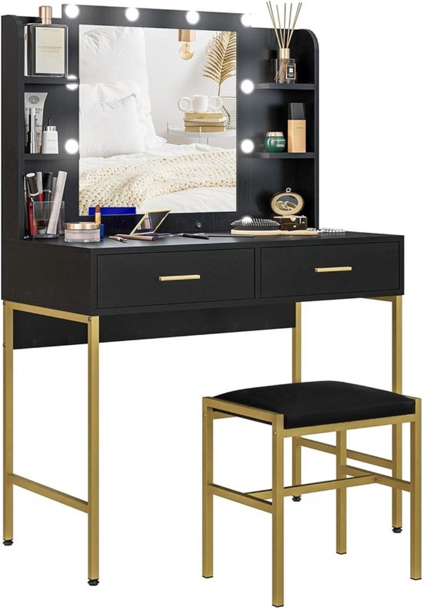 Make-uptafel met Kruk en Spiegel | Moderne Kaptafel met Verlichting | Zwart