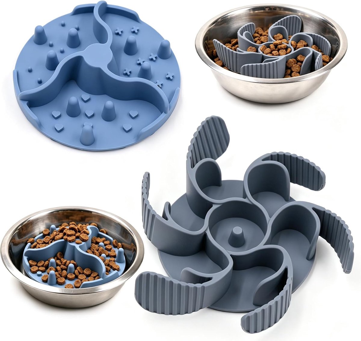2 stuks anti-sling inzetstukken voor hondenbak, op maat te snijden, Slow Feeder voerbak met zuignappen, voor honden en katten, antislip, grijs en blauw