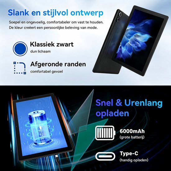Android 16 Tablet - 10.1 inch Tablets- 24GB RAM + 64GB ROM– 6000mAh - 5G WiFi - Face ID - Zwart van kotsren — afbeelding 3