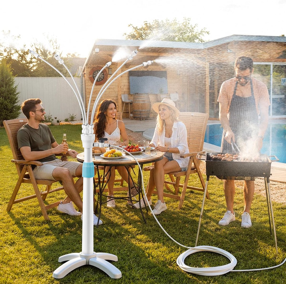 Sproeinevel, koeling, irrigatiesysteem, sproeinevel, terras met 8 m slang, 116 cm, 360° verstelbaar, mensen, dieren, planten, koelen af, voor buiten, terras, zwembad, barbecue, tuin