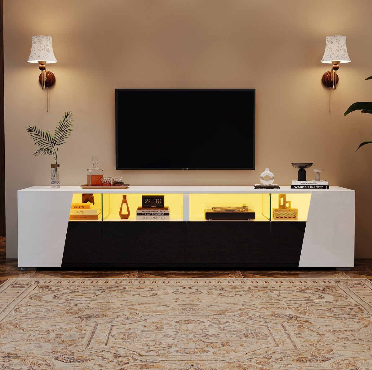 MEUNIQ TV-meubel 180 cm met LED-verlichting, 2 lades, 2 kastdeuren en 4 open vakken voor tv’s tot 80 inch, wit en zwart hoogglans