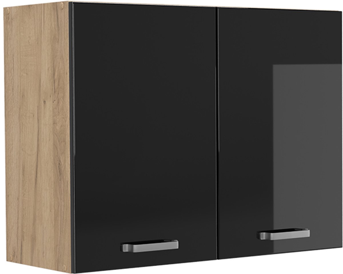 Vicco Glazen keukenkast R-Line, Zwart hoogglans/Goudkleurig Eiken, 80 cm
