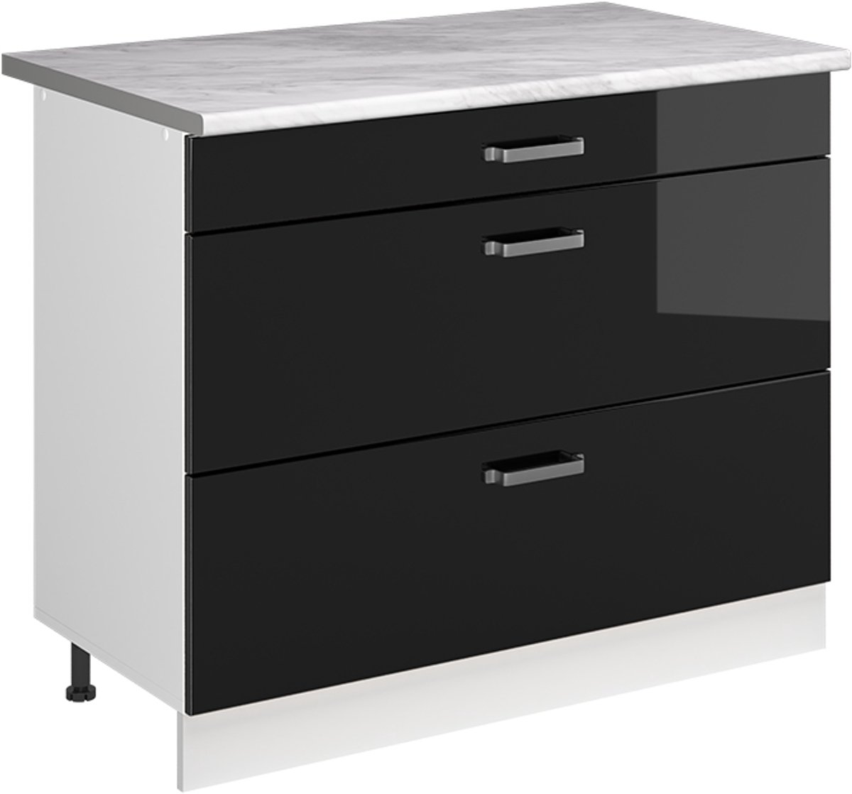 Vicco Keukenonderkast R-Line, Zwart hoogglans/Wit, 100 cm marmer werkblad