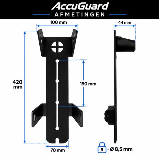 Afmetingen van de zwarte AccuGuard beugel: lengte 420 mm, breedte 70 mm, diepte 44 mm.