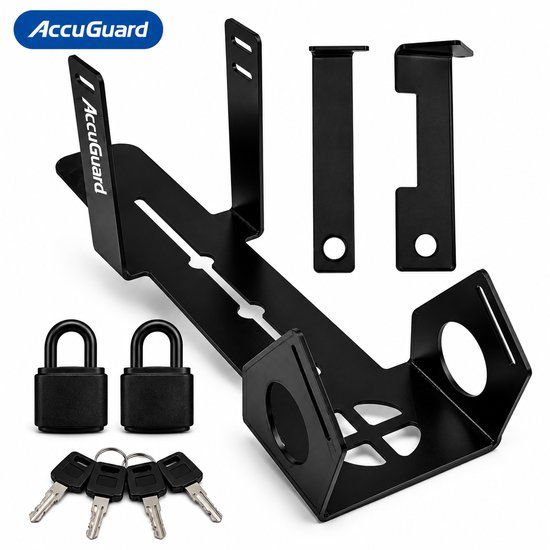 Zwarte AccuGuard beugel met twee zwarte sloten en vier sleutels.