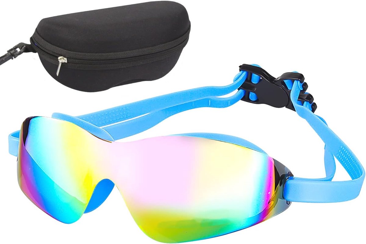 Zwembril voor volwassenen, zwembril voor heren en dames, groothoek, spiegel, waterdicht, anti-condens, anti-uv (blauw)