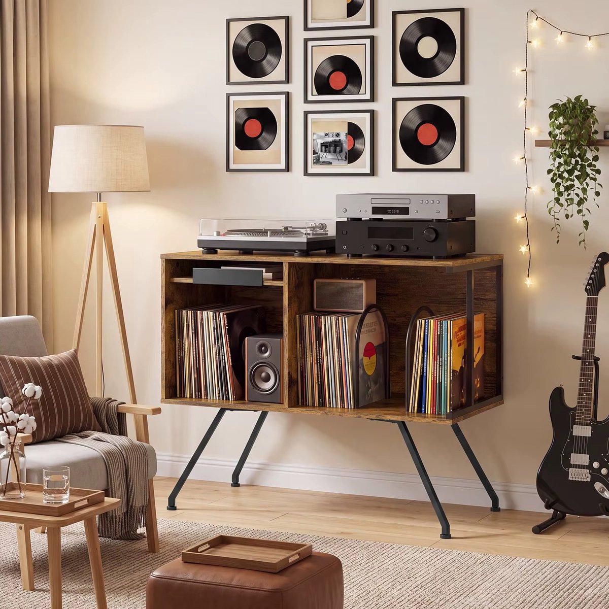 CreateEcom platenspeler meubel - platenspeler kast - raaitafelstandaard - met opbergruimte voor vinylplaten - Mid-Century draaitafelstandaard voor woonkamer, slaapkamer, kantoor, draaitafelstandaard - biedt ruimte voor meer dan 150 albums - bruin