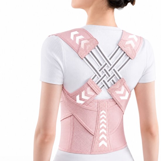 Roze rugbrace met verstelbare banden en pijlenprint, gedragen op een wit T-shirt.
