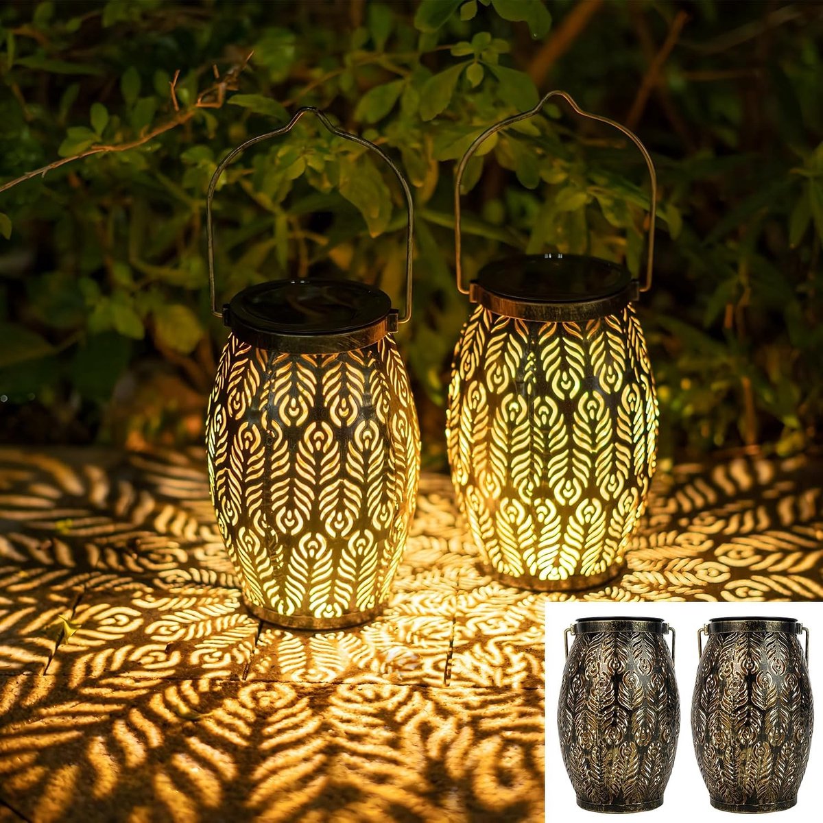 Metalen Solar Lantaarn voor Buiten - IP65 Waterdicht, Oosters Ontwerp, Hangende/Standaard LED Lamp voor Tuin, Set van 2 Stuks