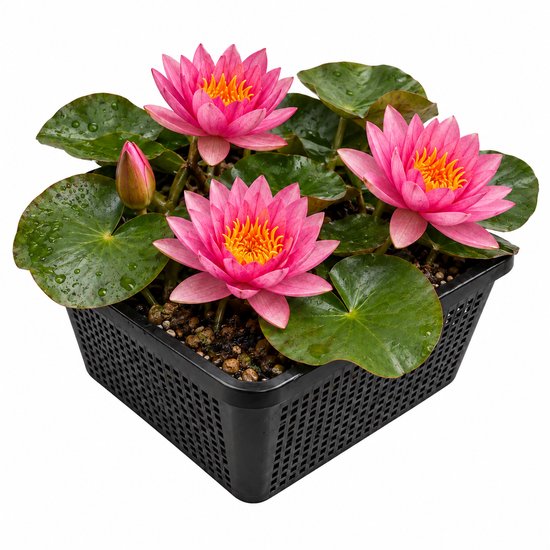 Drie roze waterlelies met gele stampers in een vierkante zwarte mand, omgeven door groene bladeren met waterdruppels.