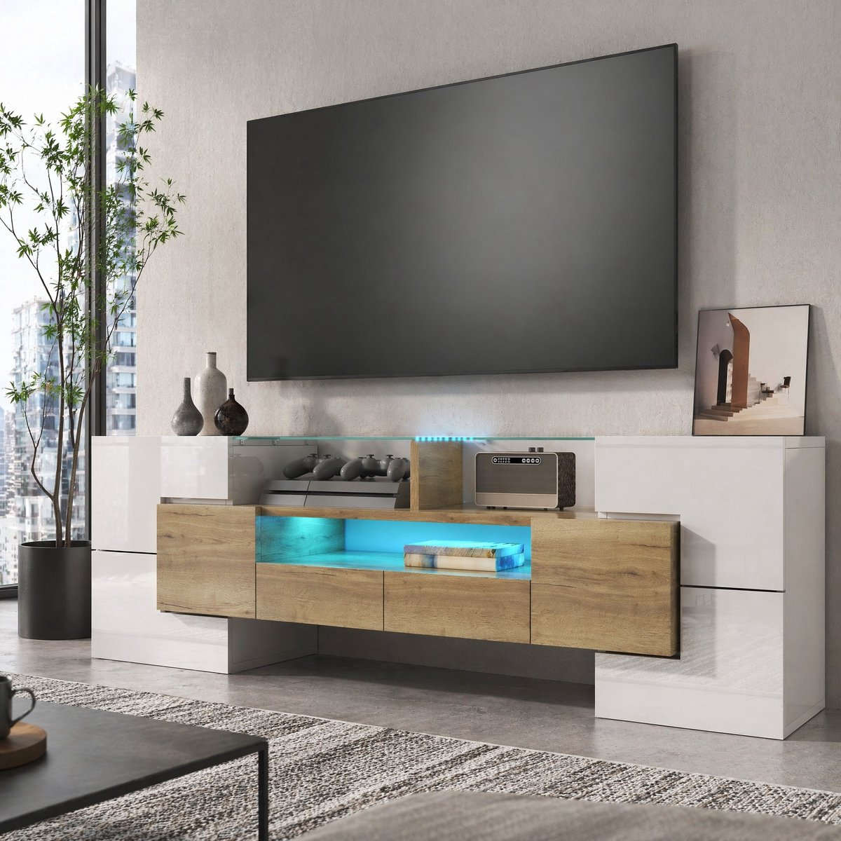 MEUNIQ TV-meubel Lowboard 145 cm met 6 deuren, 2 lades, 3 vakken en meerkleurige LED-verlichting voor woonkamer, hoogglans wit met houtkleur