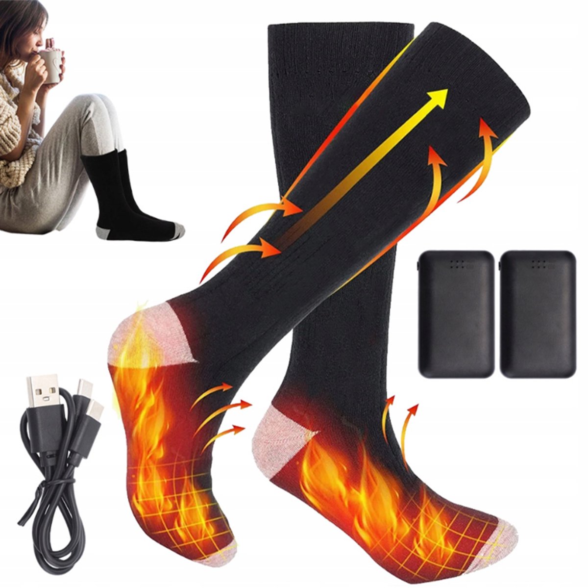 Oplaadbare Verwarmde Sokken Met 3 Warmtestanden – Verre-Infraroodverwarming – Wasbaar – 2x 4000mAh Li-Polymeerbatterijen – 45-65 °C – Sneldrogend – Voor Jagen, Skiën En Outdooractiviteiten – Zwart