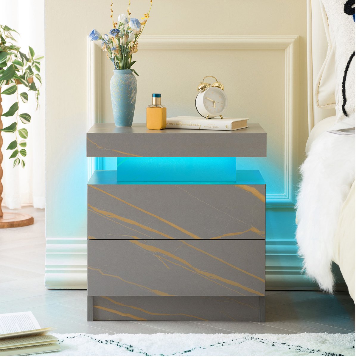 MEUNIQ Nachtkastje met verstelbare meerkleurige LED-verlichting, 2 lades en open vak, 50 x 36 x 53 cm, grijs en goud voor slaapkamer of woonkamer
