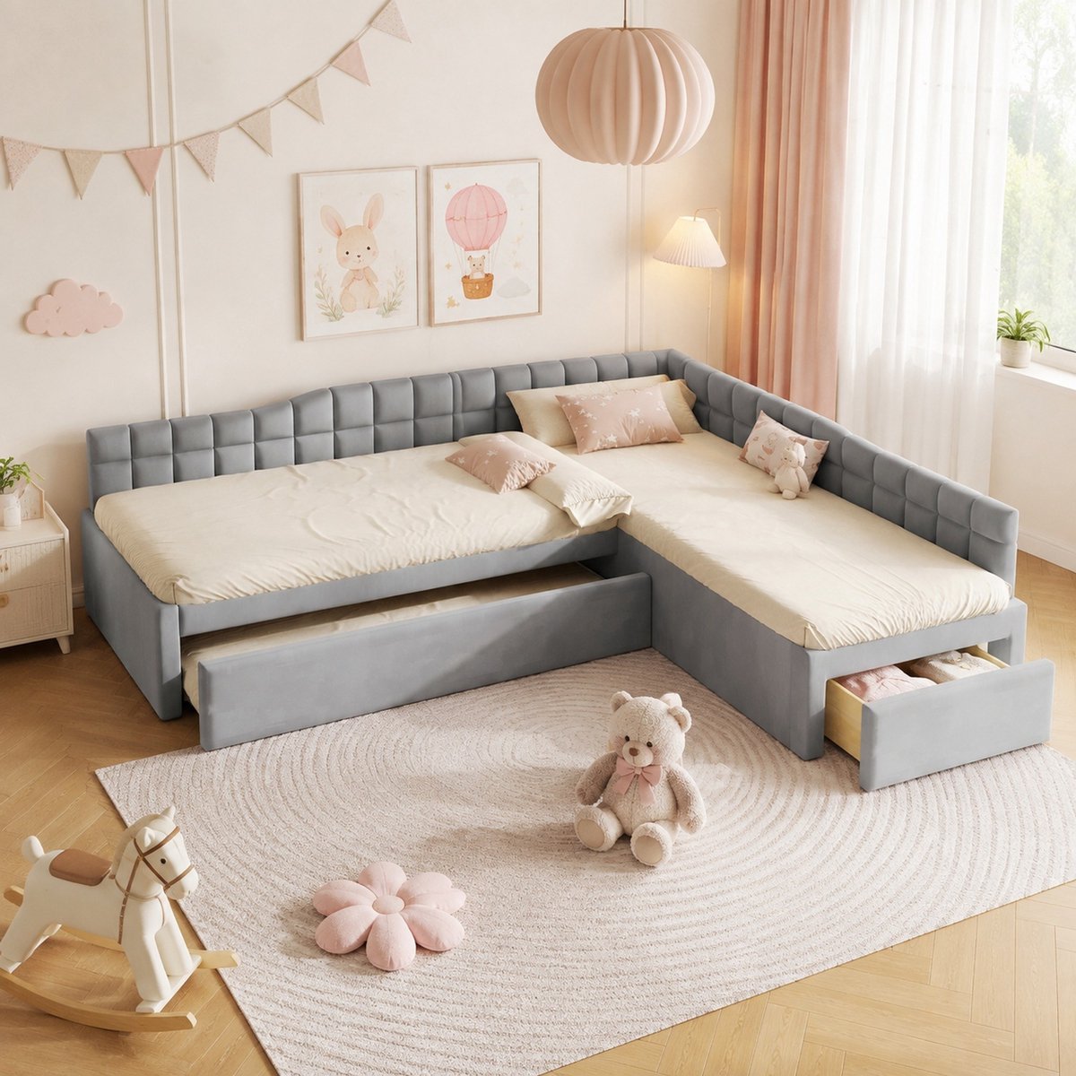 MODENUIT Bed – L-vormig Uitrekbed – 90 x 200 cm – MDF en Fluweel – Grijs – Laden – Kinderkamer en Logeerbed