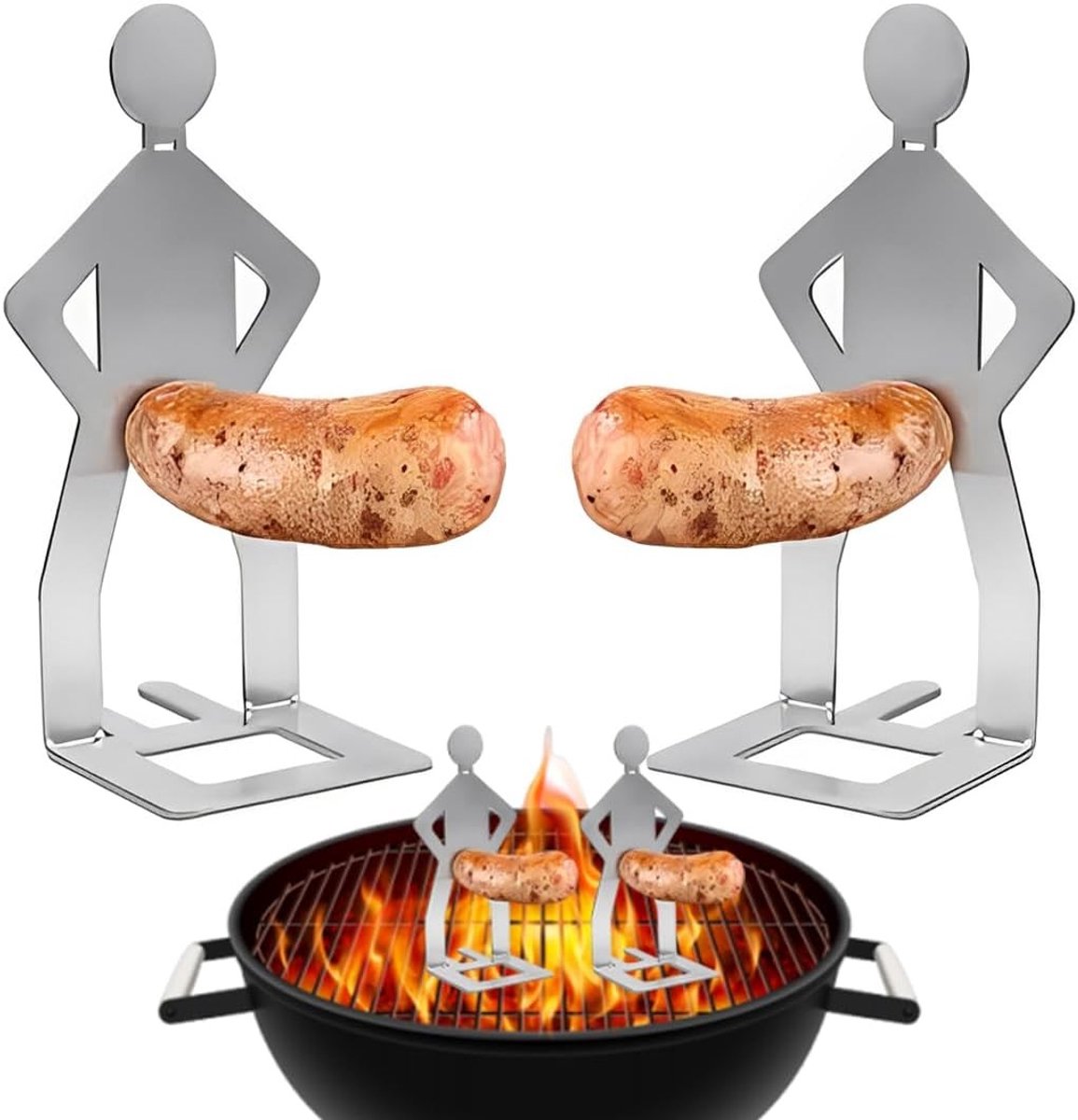 Creatieve RVS Worst Houder in Mannen Vorm - BBQ Gereedschap voor Grillen, Kamperen en Buitenkeuken, Set van 2 Stuks