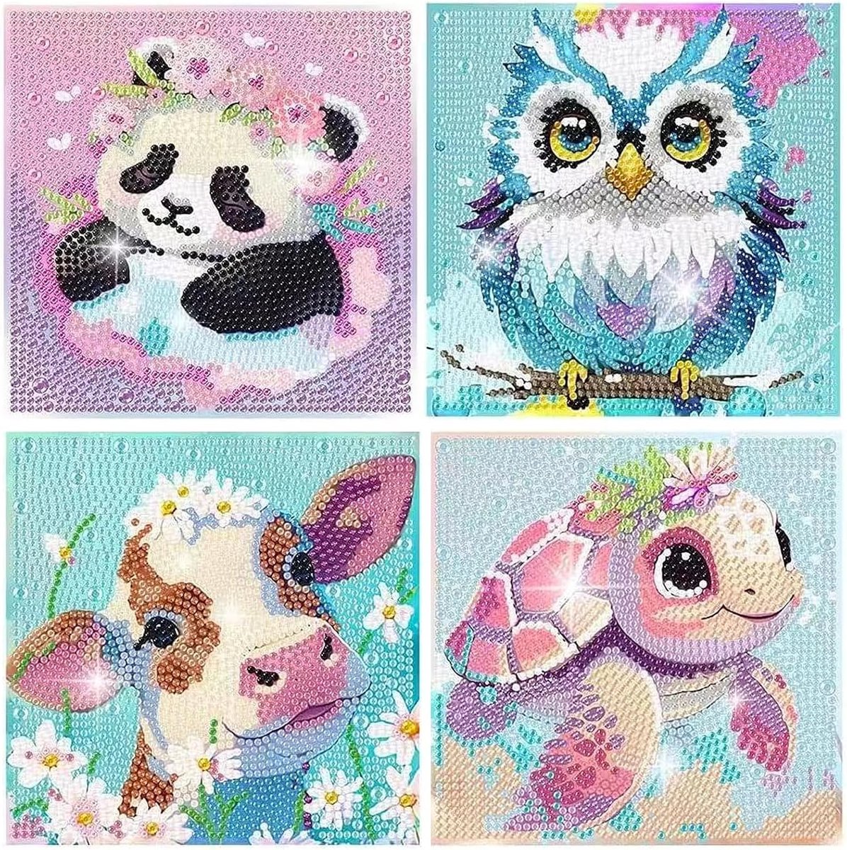 4-delige Diamant Schilderen Set voor Kinderen, 5D Diamant Schilderen met Dieren, Geschikt voor Beginners, Creatieve Activiteit en Cadeaus voor Feestdagen (15 x 15 cm)