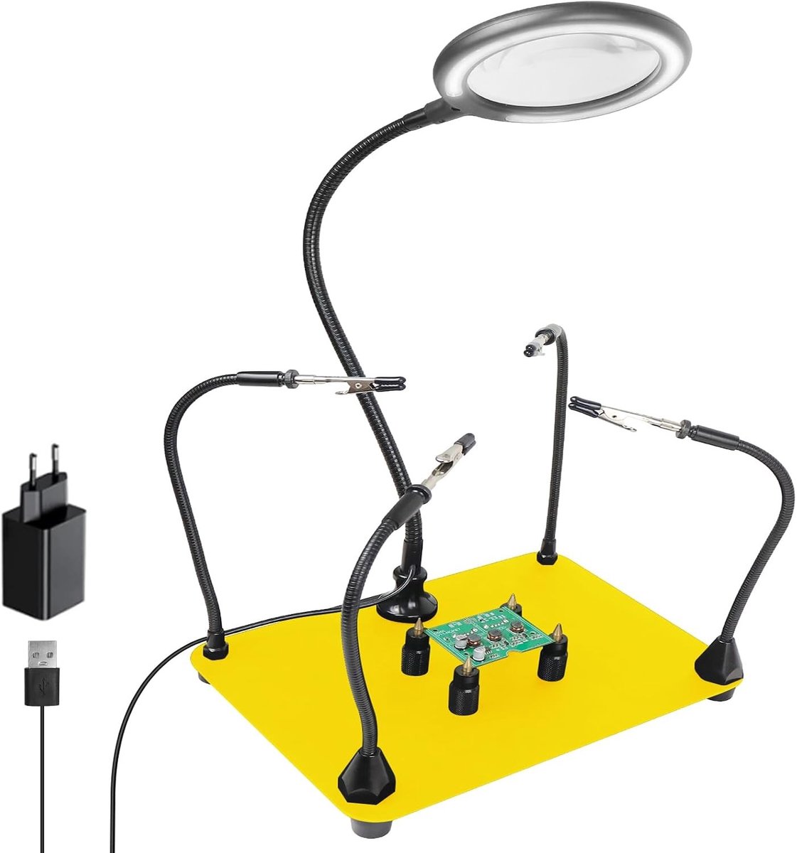Hulpstuk voor Solderen met 3x LED Loeplamp, 4 PCB Steunpilaren en Flexibele Metalen Armen voor Elektronische Reparaties