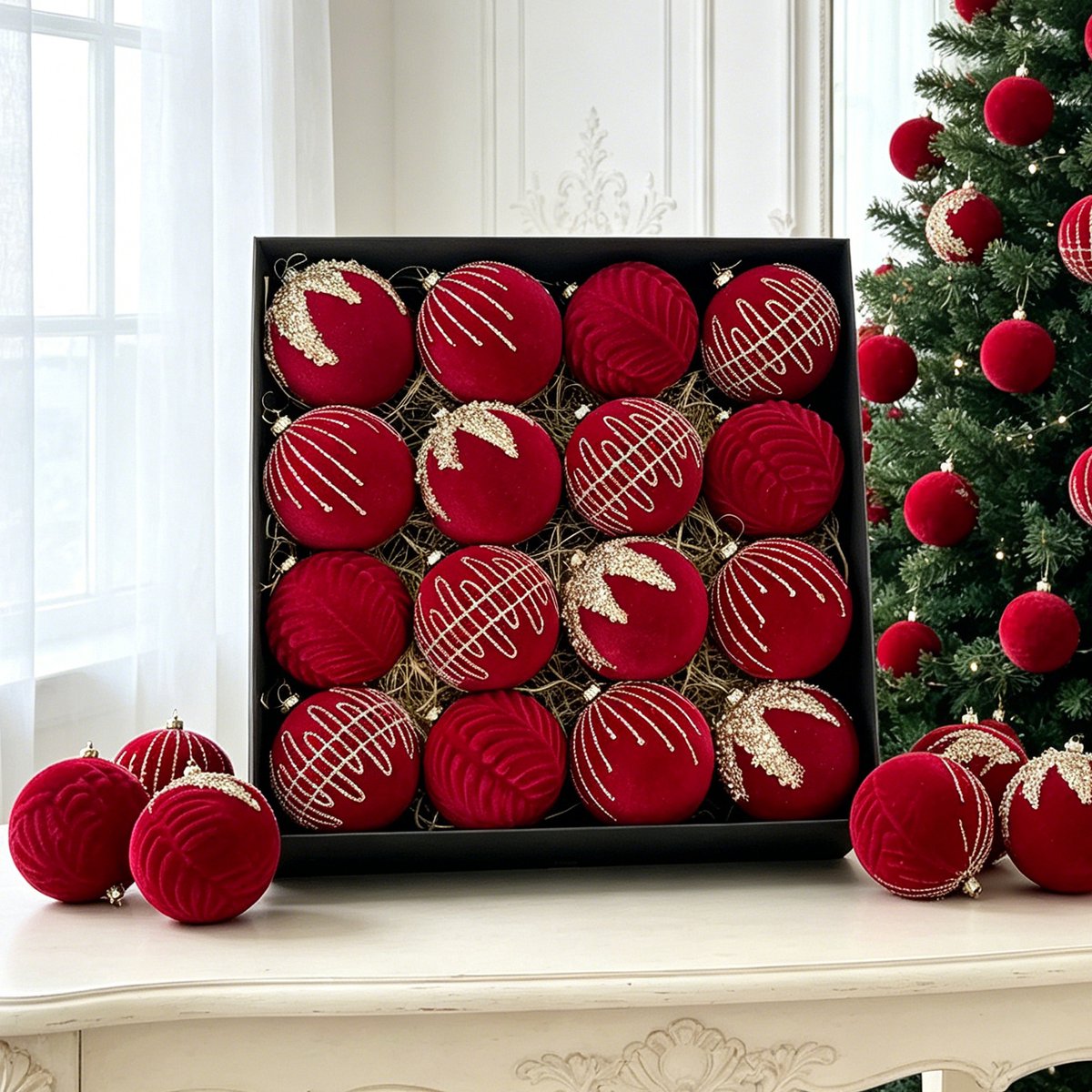 Kerstballen Set 16 Stuks – Ø 8 cm – Bordeauxrood – Fluweelzachte textuur met glitterdetails – Luxe kerstboomversiering