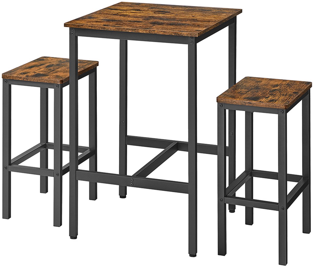 Barset,bruin + zwart 3-delig met 1 tafel van 60 x 60 x 90 cm en 2 krukken van 30 x 40 x 65 cm, stevig en duurzaam metalen frame, krukken kunnen onder de tafel worden geschoven om ruimte te besparen, geschikt voor eetkamer en bar.