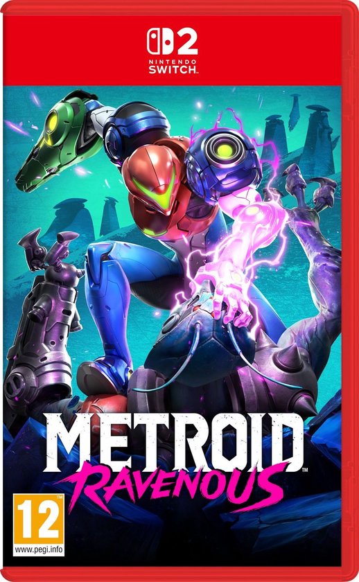 Nintendo Switch-gamecover: Metroid Dread met Samus in een rood, blauw en groen pak dat een paarse energiestraal afgeeft.
