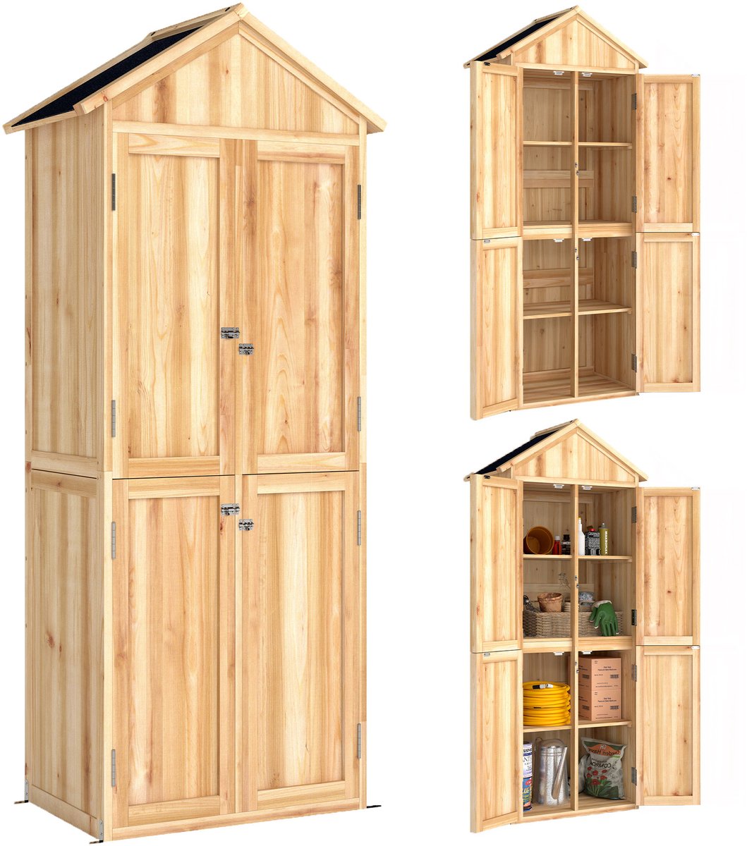 Houten Opbergkast Met Schuin Asfaltdak En Slot – Voor Tuin En Buitenopslag – Natuurlijk Hout – 82x50x190 Cm