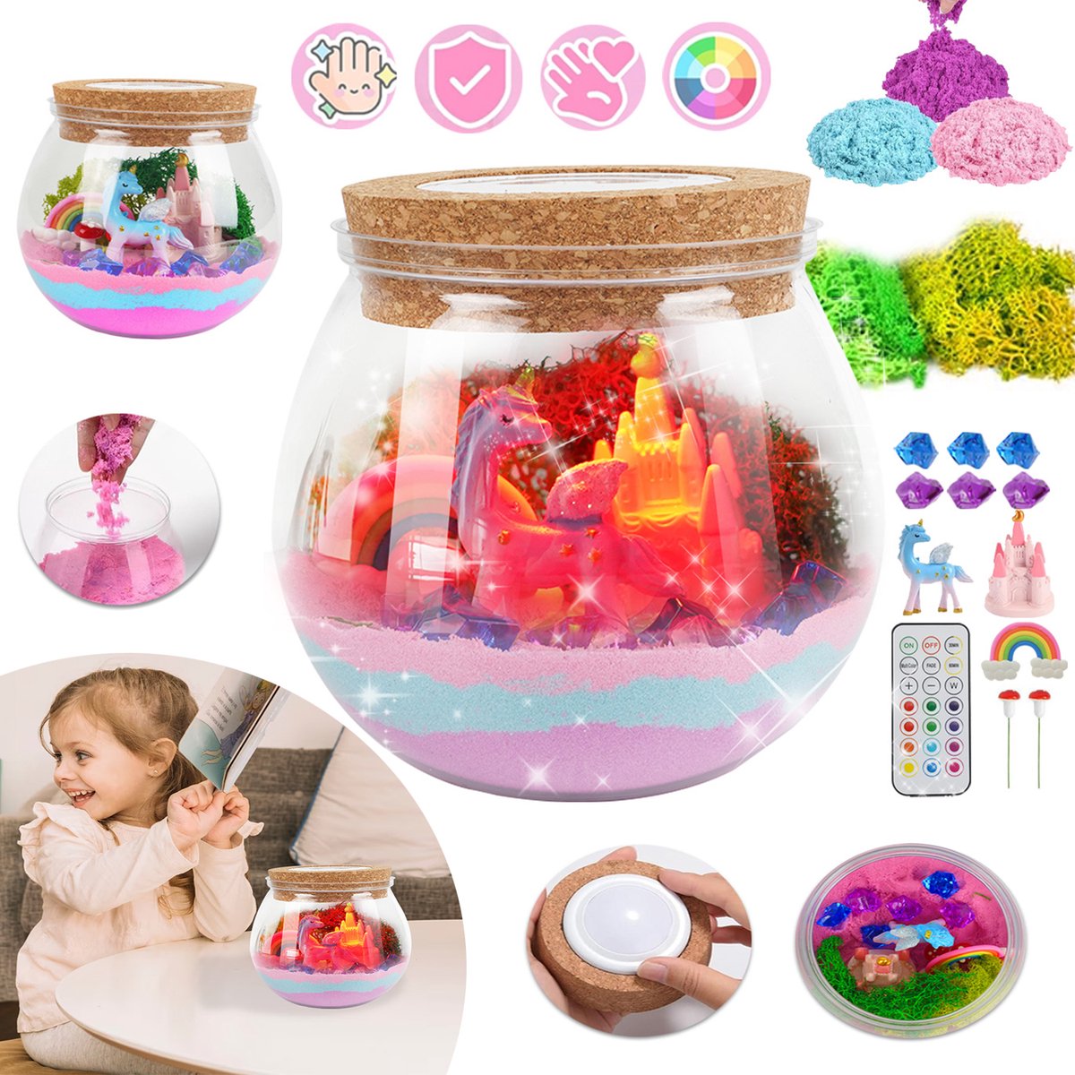 Eenhoorn Terrarium Bouwpakket Voor Kinderen, Diy Eenhoorn Terrarium Knutselset, Led-Nachtlampje Met 13 Kleuren, Knutselen Voor Kinderen.